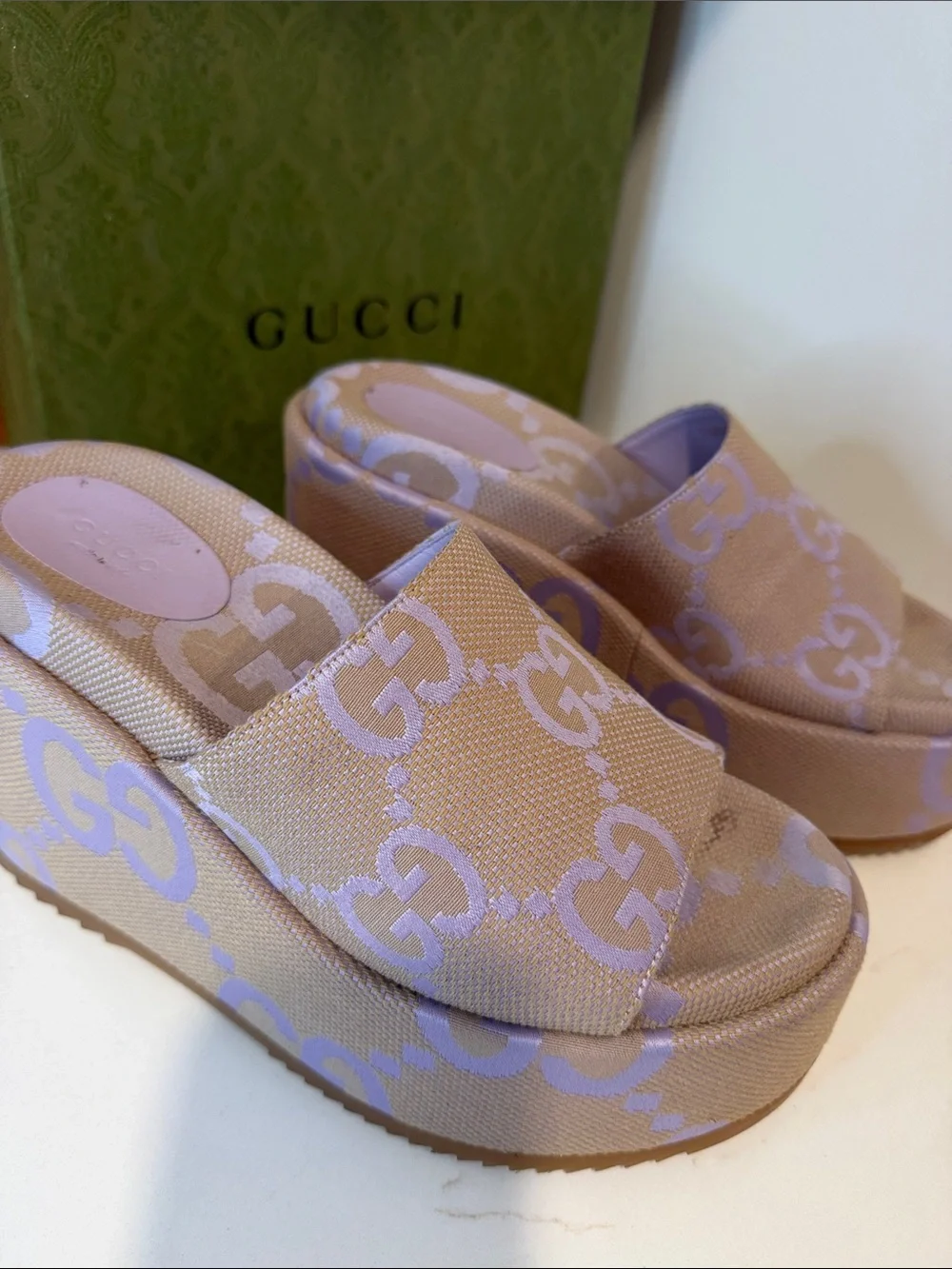 Gucci Beige & Lilac GG Pattern Platform Slide Sandals